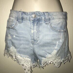 Jean Shorts Womens SZ 4 Cut Off Lace Insert Acid Washed Distressed High Rise